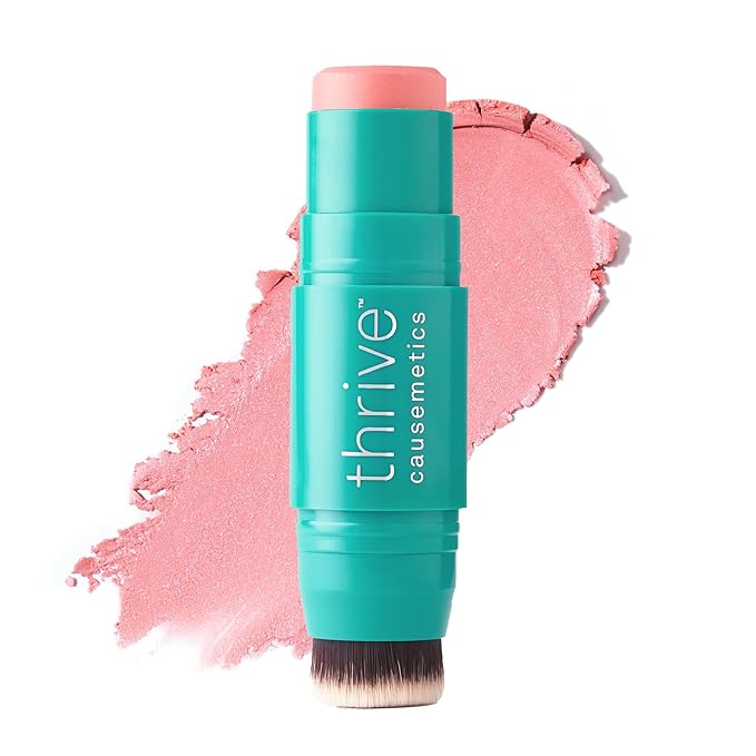 Thrive Causemetics Triple Threat Color Stick: Cream Blush Stick with Vitamin E, Evening Primrose Oil, Waterproof Smudge Proof Face Makeup, Olivia (Peachy Pink Shimmer)