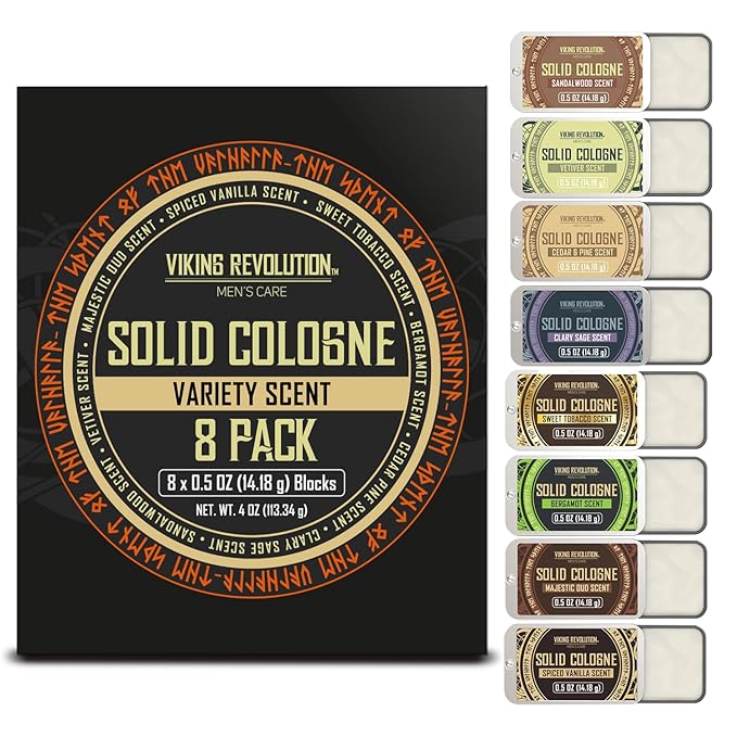 Viking Revolution 8 Pack Solid Cologne for Men - Men's Cologne Gift Set Including Sandalwood, Vetiver, Sweet Tobacco, Clary Sage, Spiced Vanilla, Cedar Pine - Travel Size Gifts for Men (0.5 Oz each)