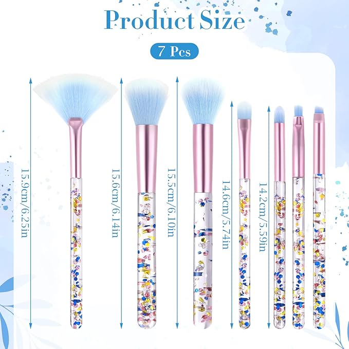 7 Pcs Makeup Brushes for Women, Cute Pink Makeup Brushes Crystal Sparkles Fan Blush Foundation Powder Lip Highlight Eye Shadow Eyebrow Brush Set With Sequins Handle Professional for Girl(Blue)