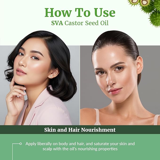 SVA Castor Seed Oil - 4 Fl Oz – 100% Natural Cold Pressed Castor Oil - for Face, Skin Care, Hair Care, Scalp Massage & Body Massage – Carrier Oil with Dropper