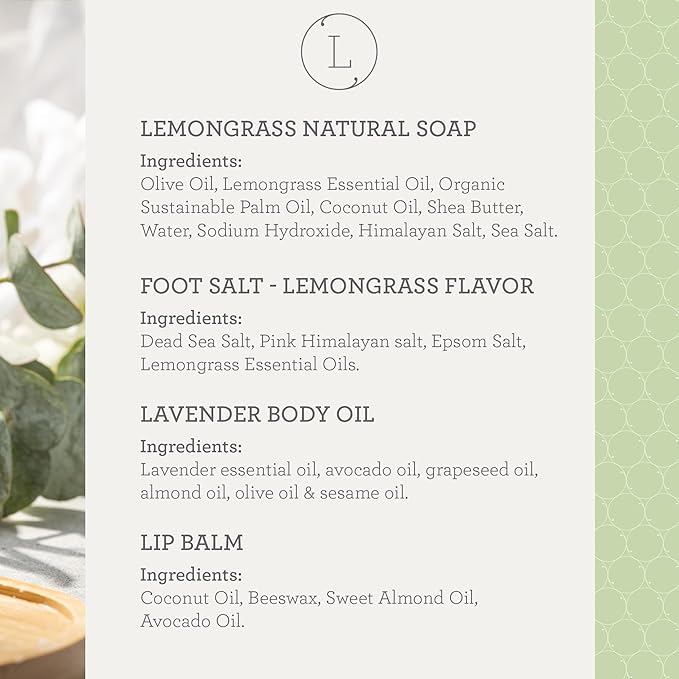 Lizush Lemongrass 6-Piece Spa Gift Set for Women - Relaxing Self-Care Basket, Luxury Handmade Body Care Items for Premium Relaxation - Sending Hugs - Handmade in The USA