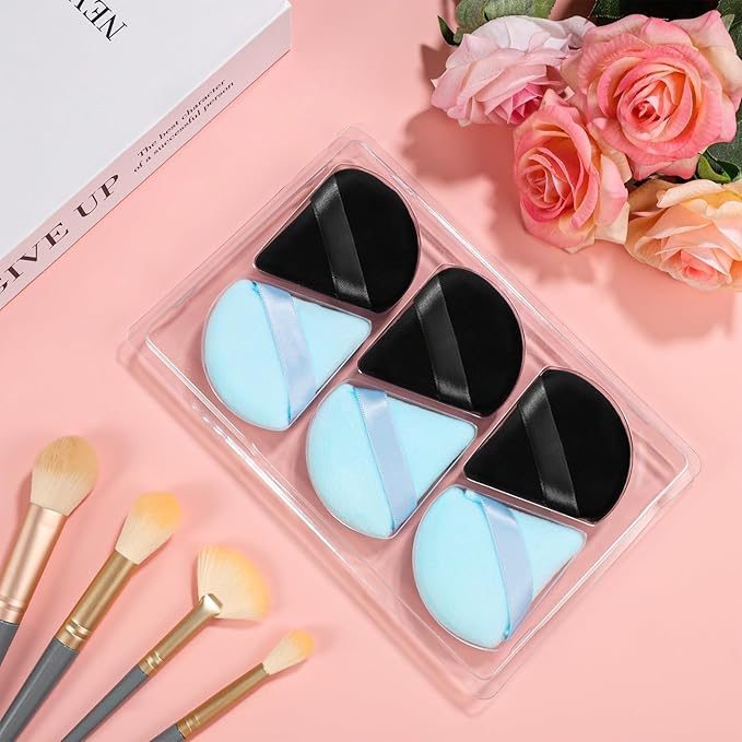 Pimoys 6 Pieces Powder Puff Triangle Makeup Puffs for Face Powder Setting Powder Cosmetic Foundation Blending Sponge Beauty Makeup Tool, Black and Blue