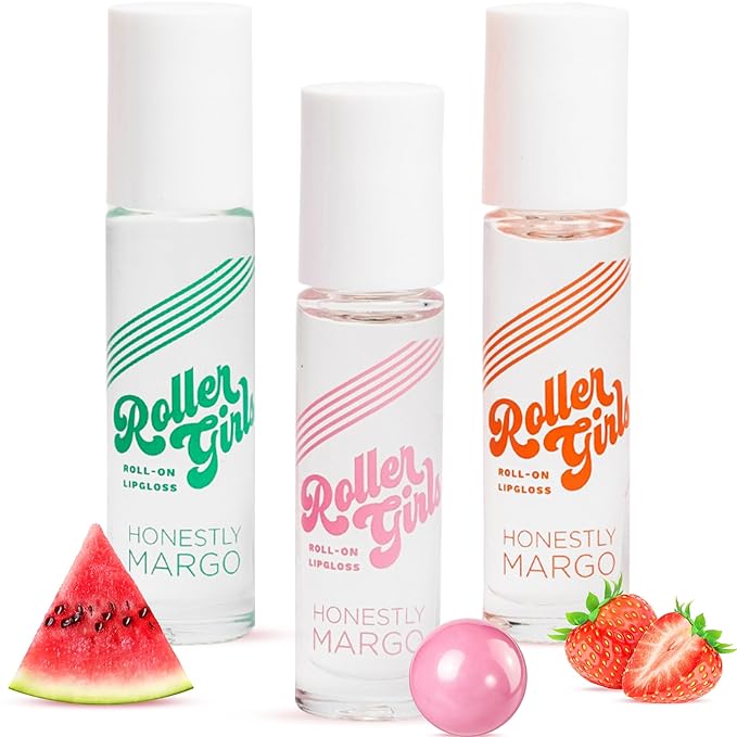 Honestly Margo Roller Girl Roll-On Lip Gloss Set (Strawberry Amber, Watermelon Alexis, Bubblegum Destiny - Pack of 3) – Lip Gloss for Women with Hydrating Vitamin E & Moisturizing Shine, Non Stick