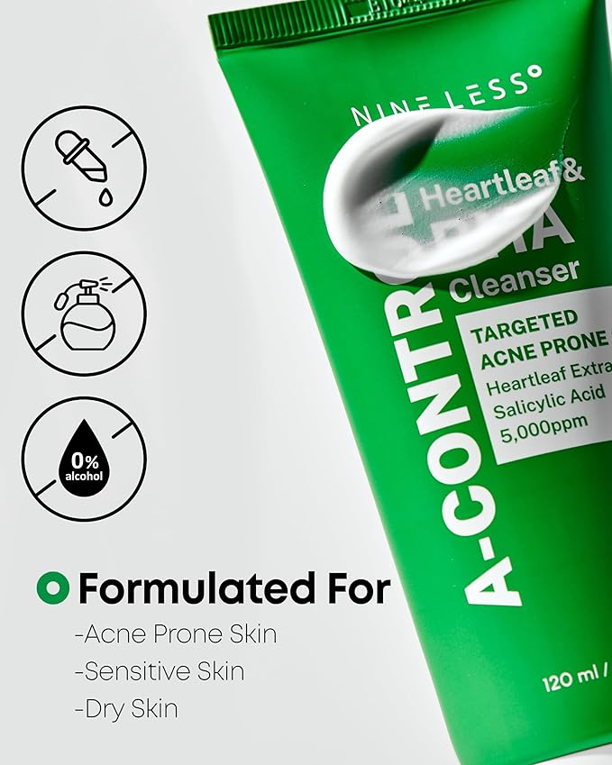 NINELESS A-Control Heartleaf & BHA Cleanser – Korean Exfoliating Face Wash with Salicylic Acid for Clear Skin – Blackhead Remover, Deep Pore Cleansing, 4.05oz.