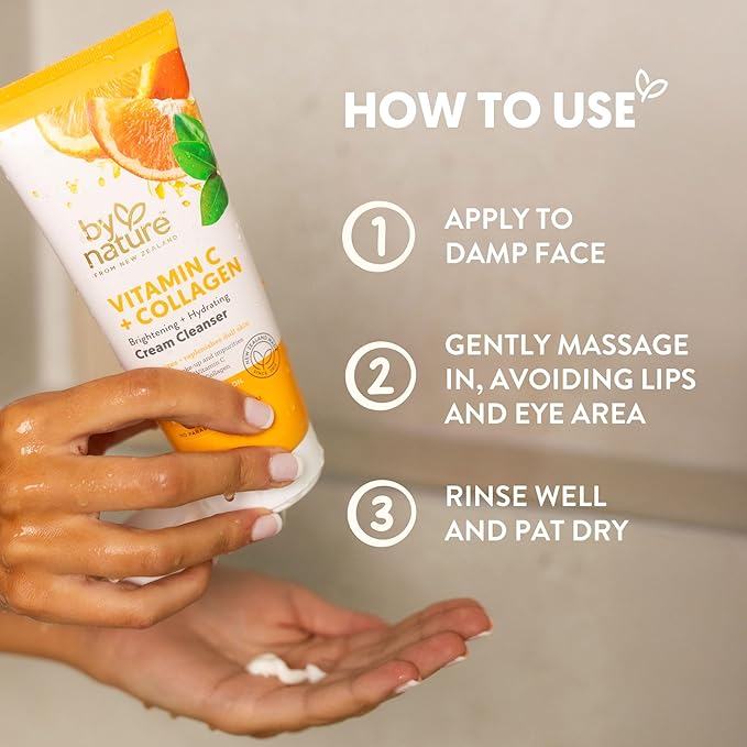 By Nature Vitamin C + Collagen Face Cream Cleanser - Daily Makeup Remover and Facial Wash from New Zealand (7 Oz)