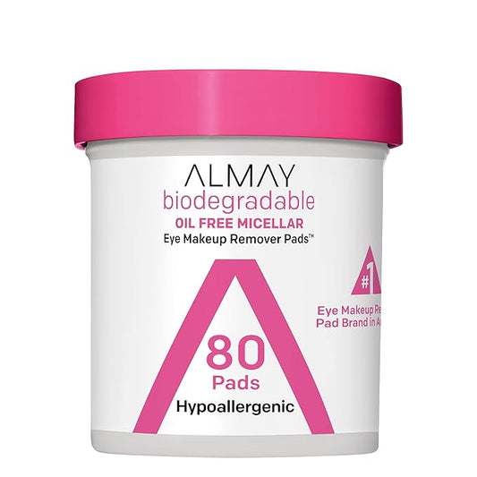 Almay Biodegradable Makeup Remover Pads, Micellar Gentle, Hypoallergenic, Fragrance-Free, Dermatologist & Ophthalmologist Tested, 80 Count