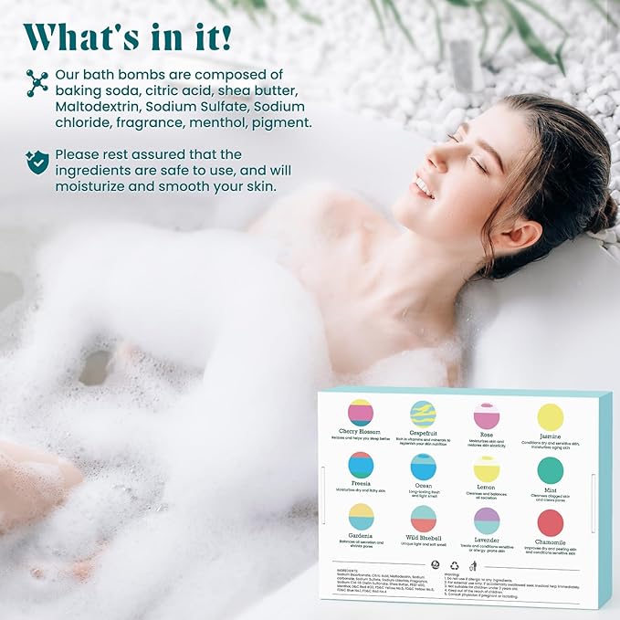 Bath Bombs for Women, 12pcs Handmade Natural Bath Bomb, Stocking Stuffers, Mothers Day Presents for Mom, Bath Bomb with Shea Butter, Valentines Day Gifts for Her and Him