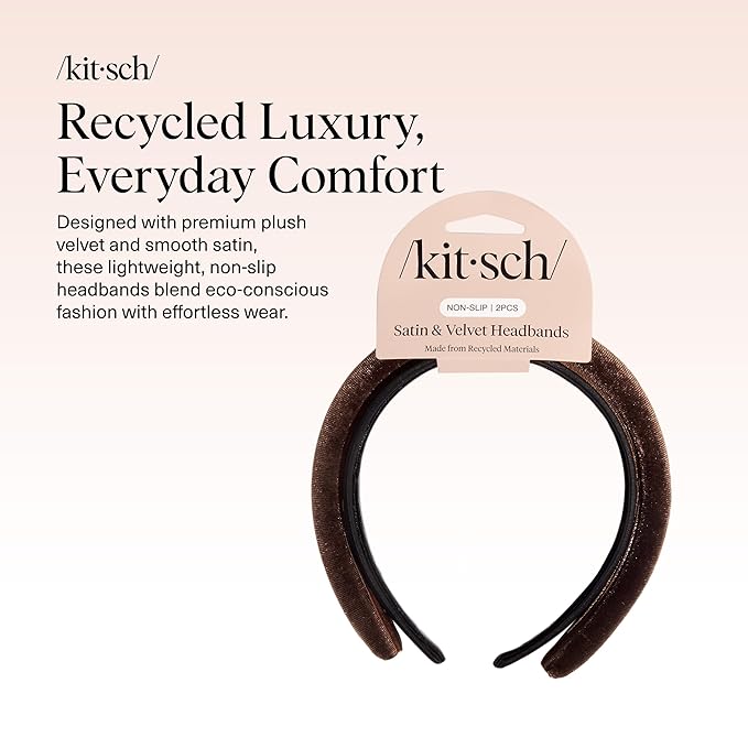 Kitsch Velvet & Satin Headbands for Women - Non Slip, Soft and Lightweight - Stylish Headbands for Girls with Chic Neutral Shades | Ideal Gifts for Women - Black & Chocolate, 2pc Set