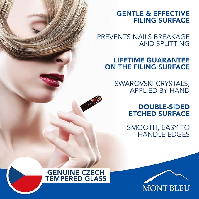 Mont Bleu Premium Set of 2 Crystal Nail Files Hand Decorated with Crystals - in Black Velvet Sleeve - Genuine Czech Tempered Glass - Best Glass Nail Files Kit for Natural Nails