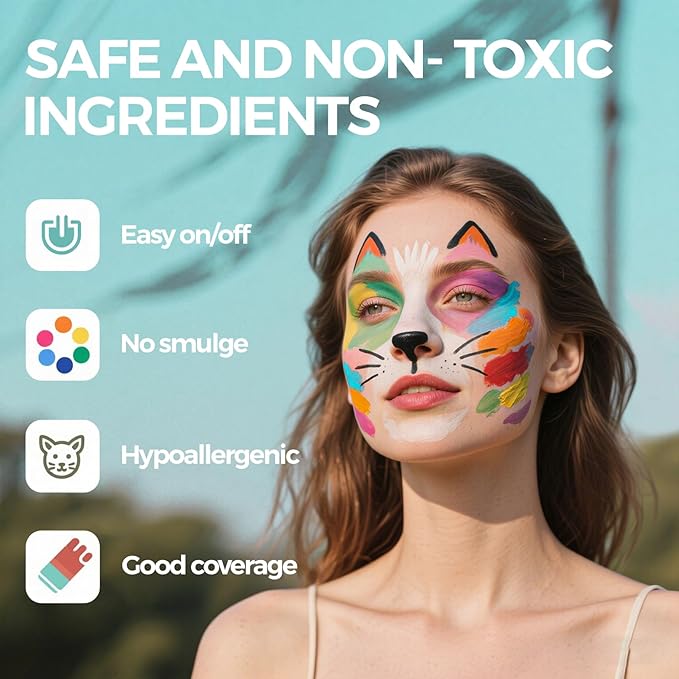 Face Painting Kit for Kids & Adults, Split Cake Face Paint Palette, Water Activated Face Paint with 4 Brushes, Safe & Quick-Dry, Perfect for Halloween Party Birthday Cosplay