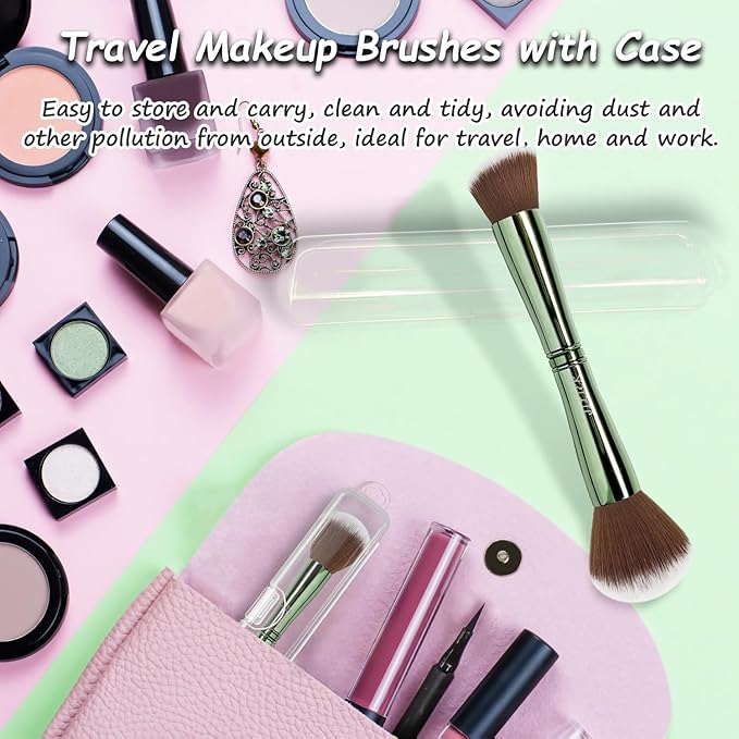Jilier Travel Makeup Brushes with Case, 4 in 1 Makeup Brush Set, Powder Brush, Foundation Brush/Blush Brush, Eyeshadow Brush, Concealer Brush, Double Ended Makeup Brush Ideal for Liquid, Cream, Powder
