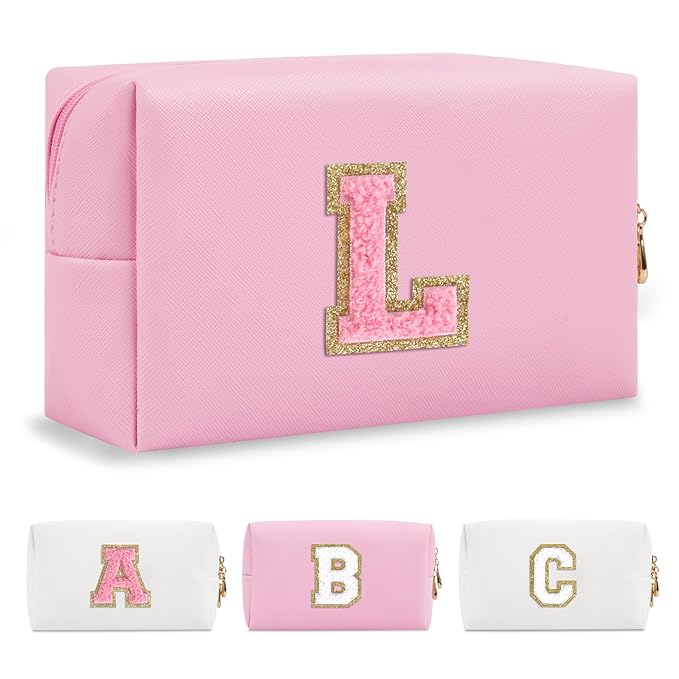 Personalized Initial A-Z Preppy Patch Makeup Bag,Small PU Leather Chenille Letter Cosmetic Bag with Zipper for Teen Girls,Pink Cute Travel Toiletry Bag,Birthday Monogrammed Gift for Daughter,Letter L