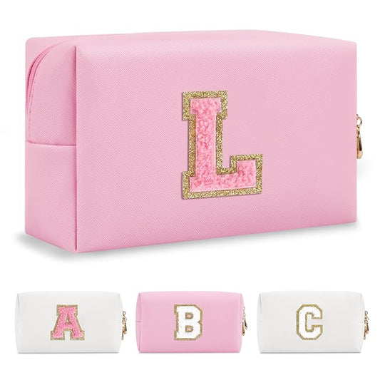 Personalized Initial A-Z Preppy Patch Makeup Bag,Small PU Leather Chenille Letter Cosmetic Bag with Zipper for Teen Girls,Pink Cute Travel Toiletry Bag,Birthday Monogrammed Gift for Daughter,Letter L