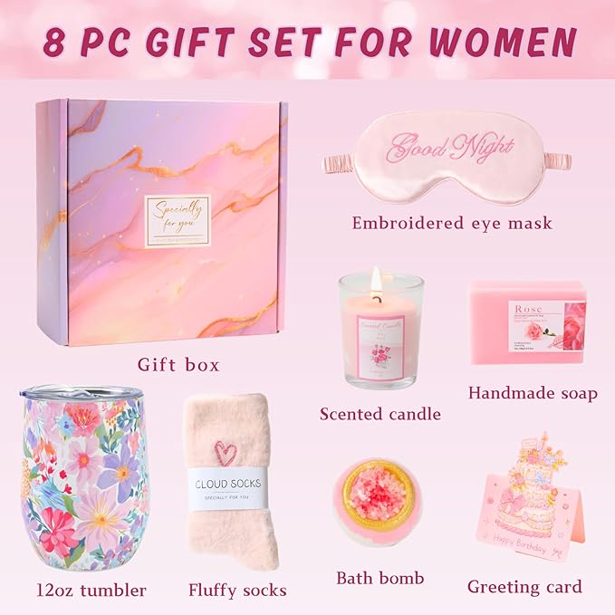 Birthday Gifts for Women Happy Birthday Gift Basket Bath Set for Friend Her Female Wife Girlfriend Daughter Sister Coworker Teacher Unique Pink Rose Tumbler