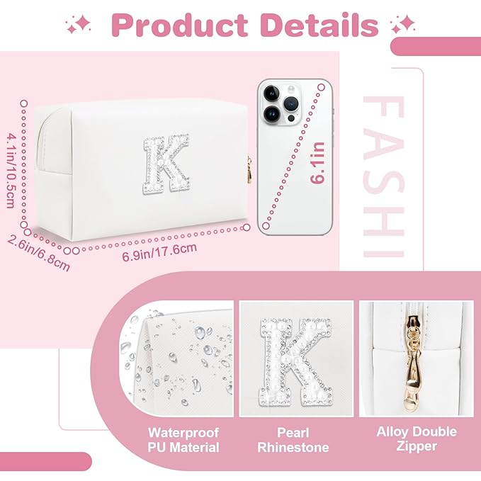 Bride Gifts – Personalized Initial Makeup Bag with Pearl Rhinestone Patch, Preppy White Monogram Cosmetic/Toiletry Pouch, bridesmaid Gifts, Bridal Shower Gifts, Wedding Gifts, Bridal Gifts,K