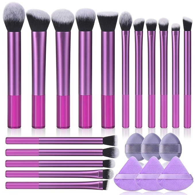 111 Makeup Brushes Set 22 Pcs Makeup Kit With Case Premium Soft Synthetic Hair Foundation Brush Concealer Brush Eyeshadow Brush Make up Brushes Set With Beauty puff (Purple, 22pcs)
