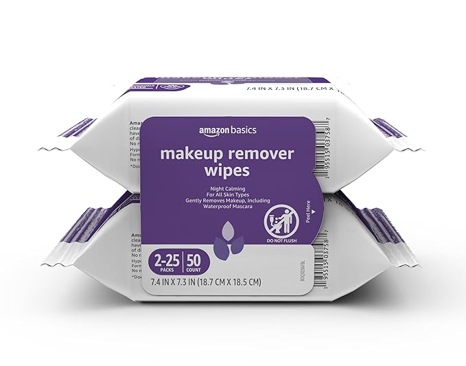 Amazon Basics Makeup Remover Wipes, Gentle Cleansing, Dermatologist Tested, Night Calming, Plant Based, Alcohol Free, Removes Waterproof Mascara, 25 Count Per Pack, Pack of 2 (Previously Solimo)