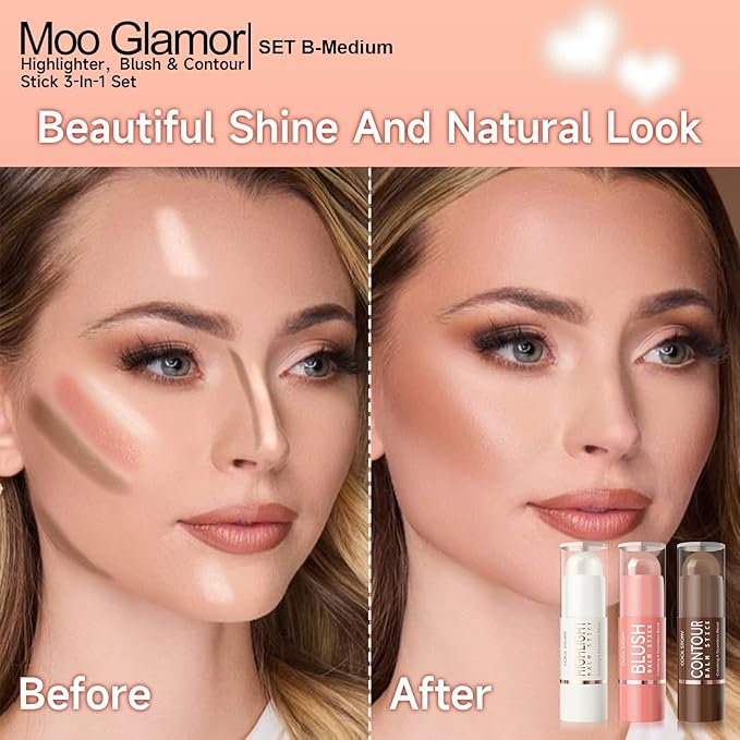 3-in-1 Highlighter,Blush and Contour Sticks Trio with Highlighter Stick Contour Stick and Blush Stick for Cheeks and Face Makeup (Set B Medium)