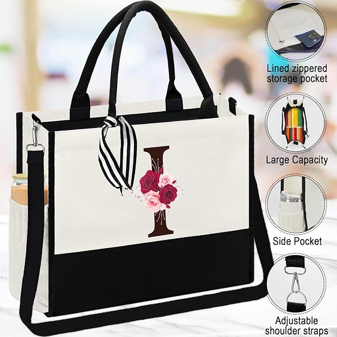 Birthday Gifts for Women,Initial Canvas Tote Bag,Monogrammed Gift for Women,16oz Glass Cup,Makeup Bag with Zipper,Jewelry Organizer Box,Personalized Gifts for Mom-I
