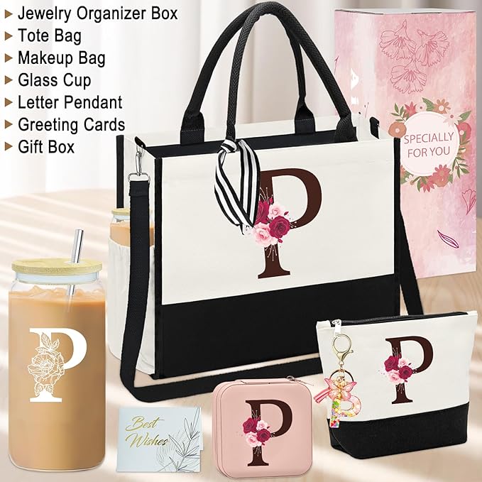 Birthday Gifts for Women,Initial Canvas Tote Bag,Monogrammed Gift for Women,16oz Initial Glass Cup,Makeup Bag with Zipper,Jewelry Organizer Box,Personalized Gifts for Mom-P
