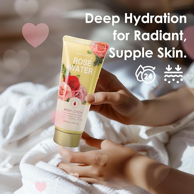 Body & Earth Spa Baskets for Women - 5 Piece Rose Scented Bath Sets with Shower Gel, Body Scrub, Body Lotion, Hand Soap, Mothers Day Gifts for Mom