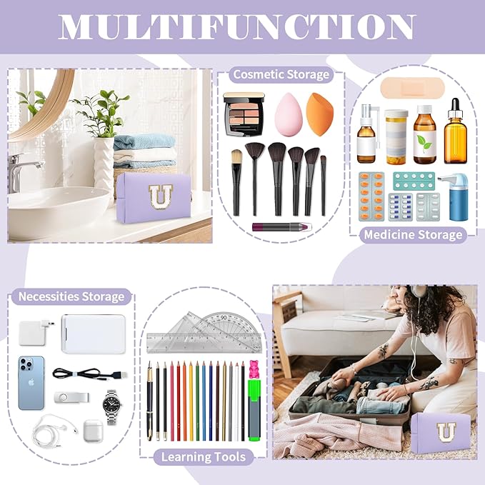 Personalized Makeup Bag Initial A-Z Preppy Patch Bag,Small PU Leather Travel Cosmetic Bag Pouch with Zipper,Purple Cute Toiletry Bag,Gift Ideal for Teen Girls Women Birthday Friend Mom,Latter U