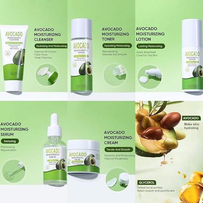 5PCS Avocado Skincare Set for Women, Facial Care Kit with Cleanser, Toner, Serum, Lotion & Cream – Moisturizing & Nourishing Skin Care Gifts for Teens & Women, Daily Hydrating Facial Set