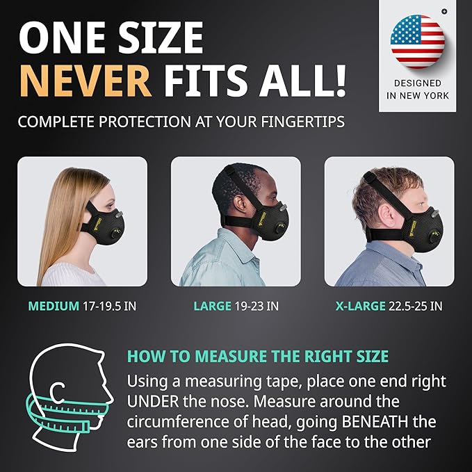 FIGHTECH Dust Mask – 3 SIZES - Reusable Face Mask with Carbon Filters and Air Valves for Woodworking, Construction, Moving