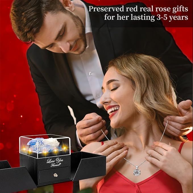 2 Preserved Real Rose with Heart I Love You Necklace- Eternal Rose Birthday Gifts for Women Wife Girlfriend Her Mom on Festivals Gifts Christmas Valentines Mothers Day Anniversary-Sky Blue White