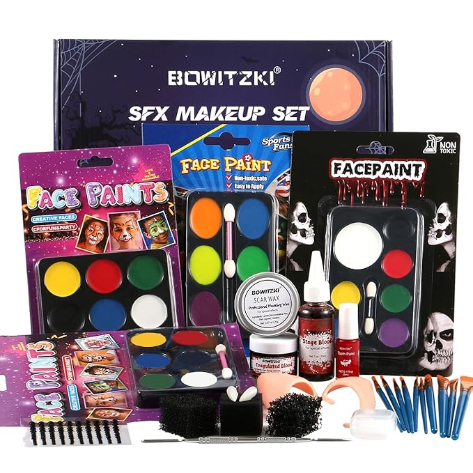 Bowitzki Halloween Makeup Set Oil Based Face Body Paint Special Effects Kit SFX Sponges Scar Wax Fake Blood Brush Tooth Paint Halloween Party SFX Cosplay