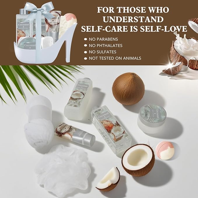 Tropical Coconut Gifts for Women Spa Basket, High Heel Bath Set with Shea Butter & Exotic Oils, Mother's Day Gifts for Mom, Her, Wife