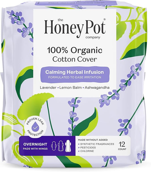 Honey Pot 100% Organic Cotton Cover Calming Herbal Infusion Overnight Pads, 12 Count