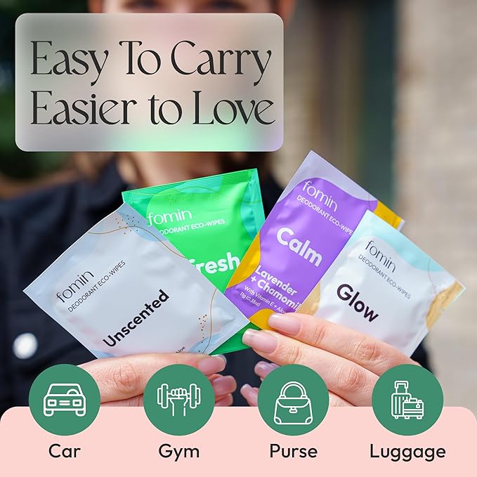 FOMIN Travel Deodorant Wipes - 50 Count - Variety Pack - pH Balanced, Hypoallergenic Mini Deodorant Wipes For Women and Men - Plastic-Free, Individually Wrapped Underarm & Body Wipes