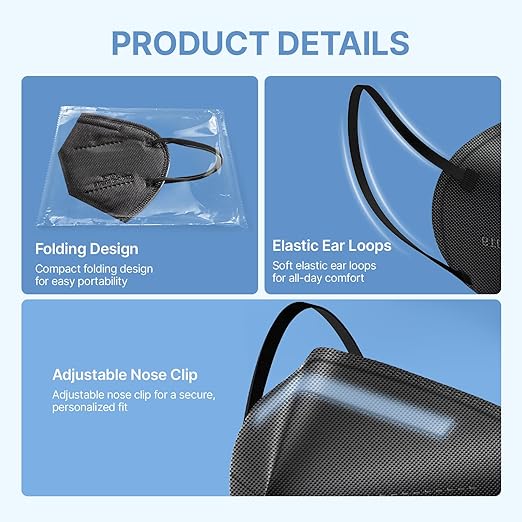 YUAKOU KN95 Protective Face Masks 50pcs, Breathable Comfortable, Disposable Individually Wrapped,5-Ply Protection KN95 Adults Mask Black