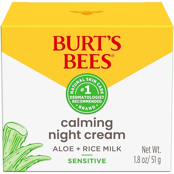 Burt's Bees Calming Night Cream With Aloe and Rice Milk, Face Moisturizer For Sensitive Skin Infuses Skin With Moisture While You Sleep, 98.8 Percent Natural Origin Skin Care, 1.8 oz. Tub