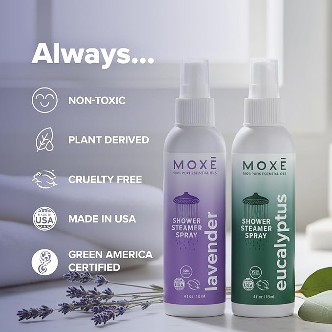 MOXE Shower Mist, Spa Steam Spray, Certified Natural Essential Oils, Aromatherapy, Calming Relief (Lavander and Eucalyptus, 4 Fl Oz (Pack of 2))