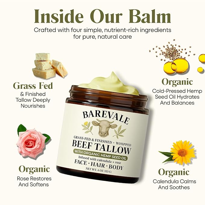 Grass-Fed Whipped Beef Tallow Balm with 100% Cold-Pressed Organic Hemp Seed Oil, Organic Calendula & Organic Rose, Pure Moisturizer for Sensitive Skin, Face, Hair & Body, 4-oz | Non-Toxic