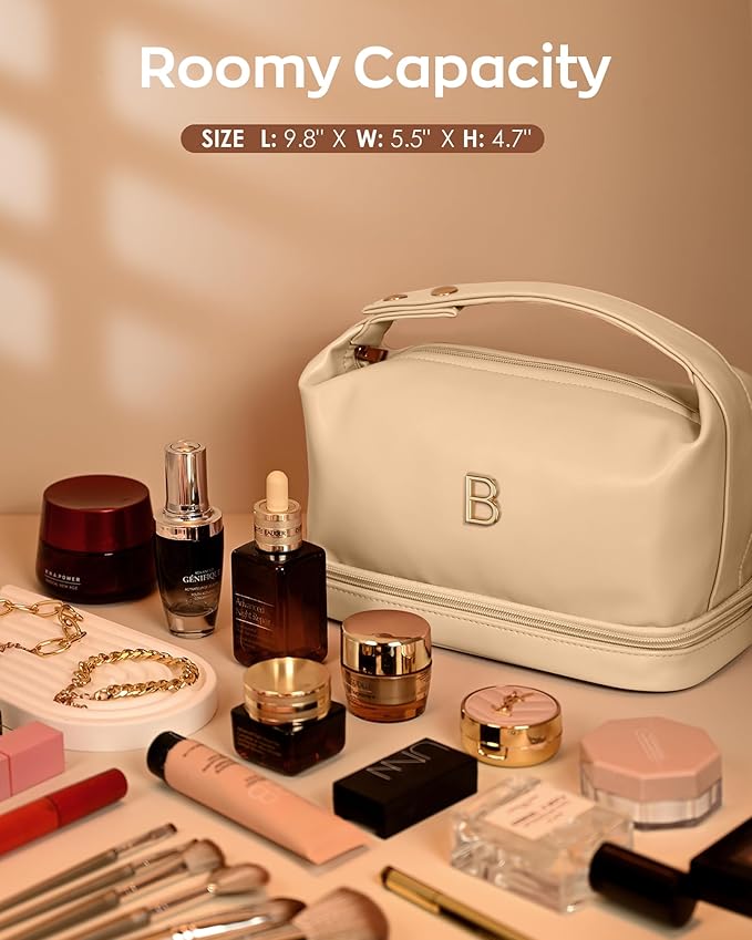 Initial Makeup Bag, Personalized Bags with Handle, Waterproof Double Layer Cosmetic Bag, Large Capacity PU Leather Makeup Bags Letter Travel Toiletry Bag with Makeup Brush Organizer