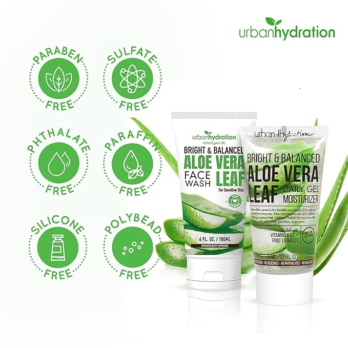 Urban Hydration Aloe Face Wash & Gel Moisturizer Bundle | Hydrating, Acne-Fighting, Lightweight, Smooth Skin | For All Skin Types | Bright & Balanced Skincare Duo | 6oz + 2.5oz