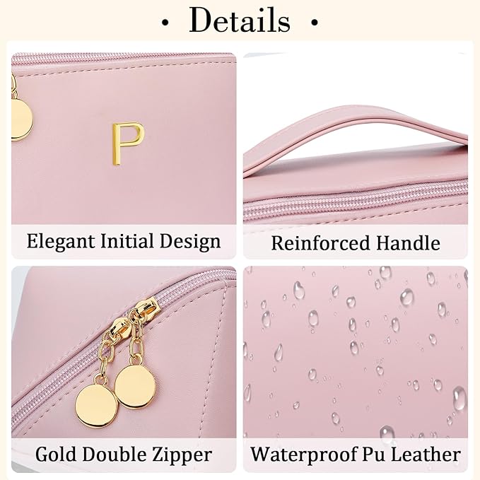 Birthday Gifts for Women Teen Girl, Personalized Initial Makeup Organizer Bag Set, Open Flat Travel Cosmetic Bag With Clear Divider and Handle(Pink,P)