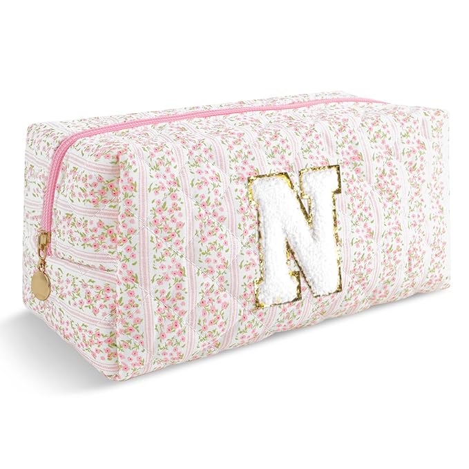 Personalized Quilted Cosmetic Bag, Puffy Monogrammed Christmas Birthday Gifts for Women & Girls, Cute initial Floral Makeup Bag Puffer Coquette Bag, Aesthetic Travel Toiletry Zipper Pouch(Pink,N)