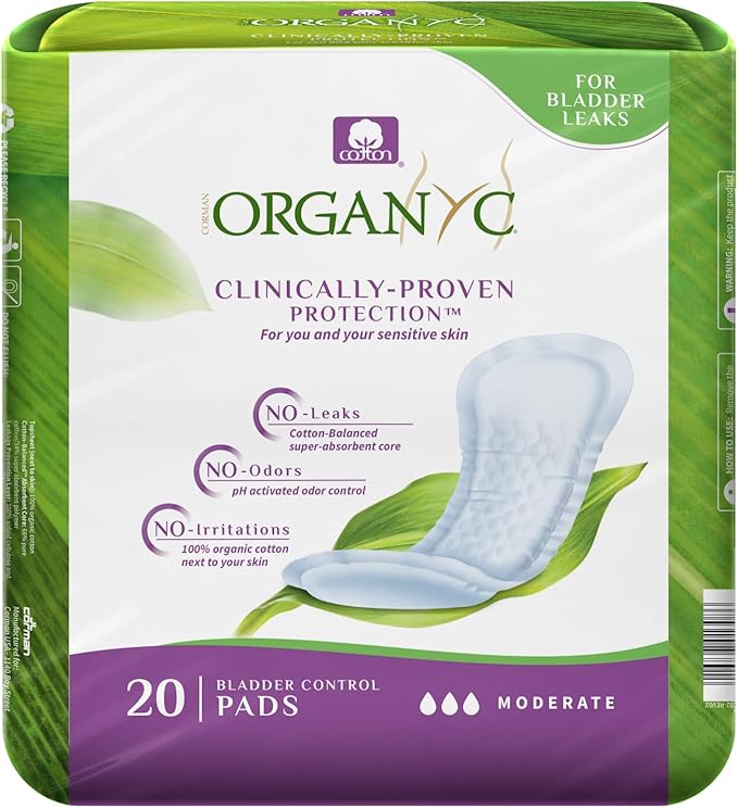 Organyc - 100% Organic Cotton Inside and Out Incontinence Pads for Bladder Leaks - Certified Odor Control, FSA/HSA Eligible, Moderate Flow, Regular Absorbency, 20 Count…