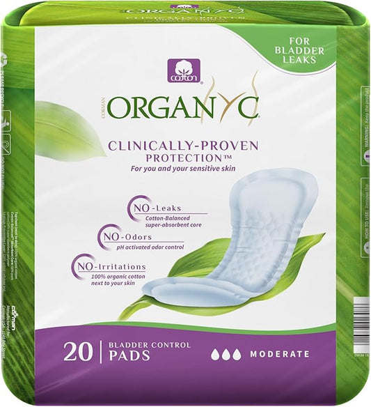 Organyc - 100% Organic Cotton Inside and Out Incontinence Pads for Bladder Leaks - Certified Odor Control, FSA/HSA Eligible, Moderate Flow, Regular Absorbency, 20 Count…