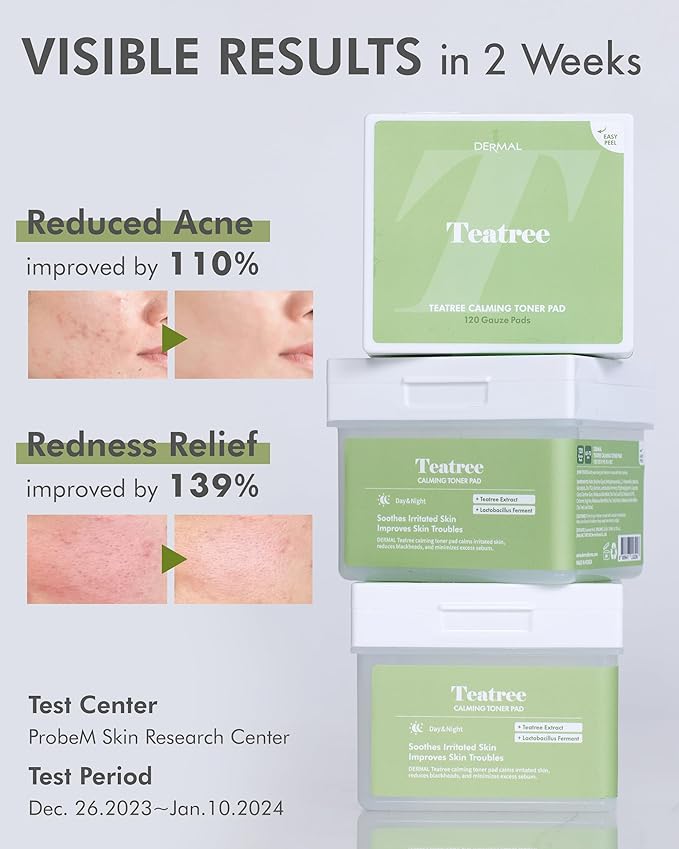 DERMAL Teatree Calming Toner Pad - Korean Toner Pad for Calming & Acne Improvement with Zinc PCA - Vegan Gauze Tencel Square Pads - High Capacity, 120 Sheets