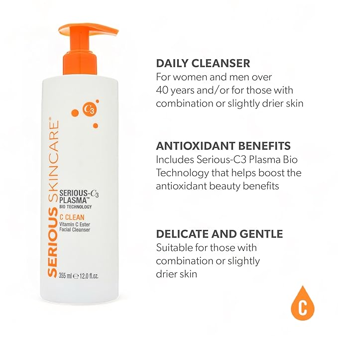 Serious Skincare Hydrating C Clean Facial Cleanser, Gentle Face Wash with Anti-Aging Vitamin C and E, Hydrolyzed Collagen, Botanical Extracts, 12 FL Oz