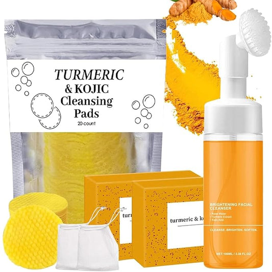 4Pcs Turmeric Wash and Care Three Piece Set, Turmeric Trio: Facial Wash, Cleansing Mousse & Soap for Skin Care, Turmeric Cleansing Exfoliating Pads, Turmeric Face Wash for Face & Body