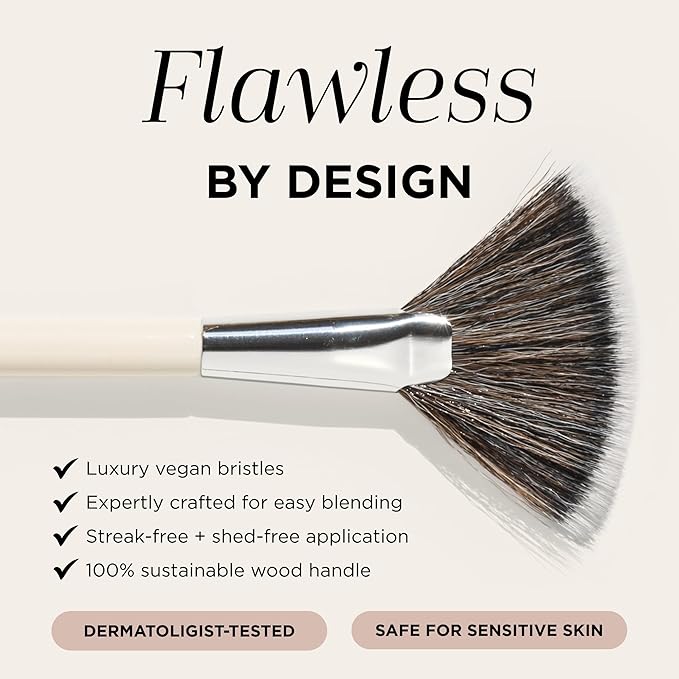 HALEYS Fan Brush VEGAN+CRUELTY-FREE, Sustainable Wood, Vegan Bristles for Airbrushed Finish, For highlighter application, Streak-free, Perfect Blending, Blurs, Smooths with Control