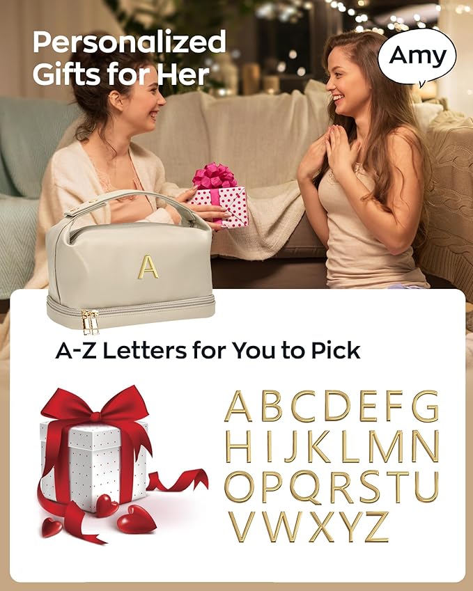 Personalized Makeup Bag with Handle, Initial Double Layer Cosmetic Bag with Makeup Brush Organizer,Gifts for Friends Female Mom