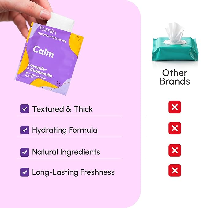 FOMIN Travel Deodorant Wipes - 50 Count - Calming Lavender and Chamomile - pH Balanced, Hypoallergenic Mini Deodorant Wipes For Women and Men - Plastic-Free, Individually Wrapped Underarm & Body Wipes