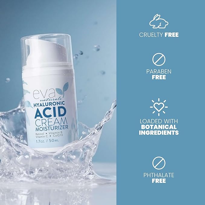 Eva Naturals Hyaluronic Acid Face Cream – Deep Hydration & Firming Moisturizer with Retinol, Vitamin C & Q10 for Anti-Aging, Wrinkle Reduction & Collagen Support – Day & Night Facial Cream - 1.7 Fl Oz